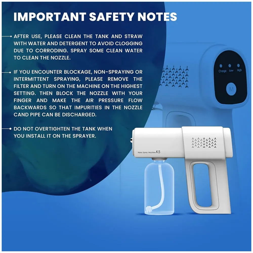 AQUAKART K5 PRO Professional Disinfectant Fogger Machine, Sanitizer Sprayer. for Mosquitoes Inspects and Pests Cordless Handheld Nano Spray Gun – Spray Gun with Blue Light for Touchless Sanitization - 6