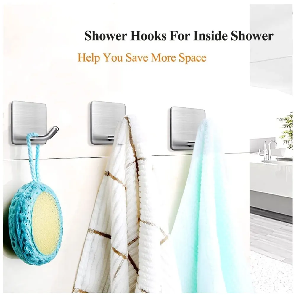 Self-Adhesive Hooks, Heavy Duty Stainless Steel Waterproof Towel Hooks Stick on Hooks Wall Hangers Sticky Hooks for Hanging Bathroom Kitchen Home Clothes Hook (12)