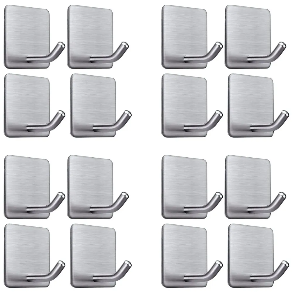 16 Pcs Self-Adhesive Hooks, Heavy Duty Stainless Steel Waterproof Towel Hooks Stick on Hooks Wall Hangers Sticky Hooks for Hanging Bathroom Kitchen Home Clothes Hook (16)