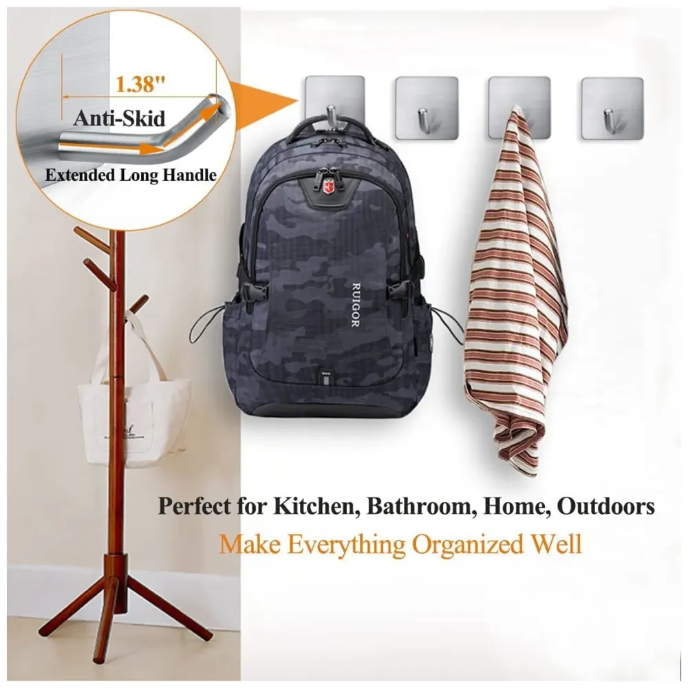 16 Pcs Self-Adhesive Hooks, Heavy Duty Stainless Steel Waterproof Towel Hooks Stick on Hooks Wall Hangers Sticky Hooks for Hanging Bathroom Kitchen Home Clothes Hook (16)