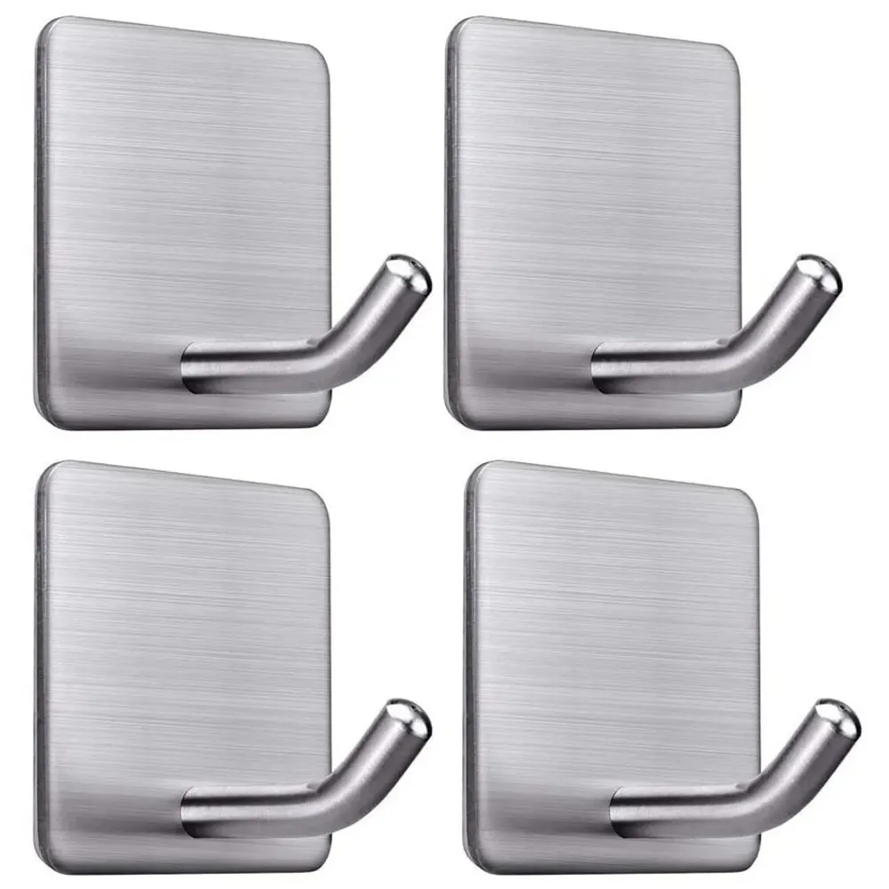 4 Pcs Self-Adhesive Hooks, Heavy Duty Stainless Steel Waterproof Towel Hooks Stick on Hooks Wall Hangers Sticky Hooks for Hanging Bathroom Kitchen Home Clothes Hook (4)