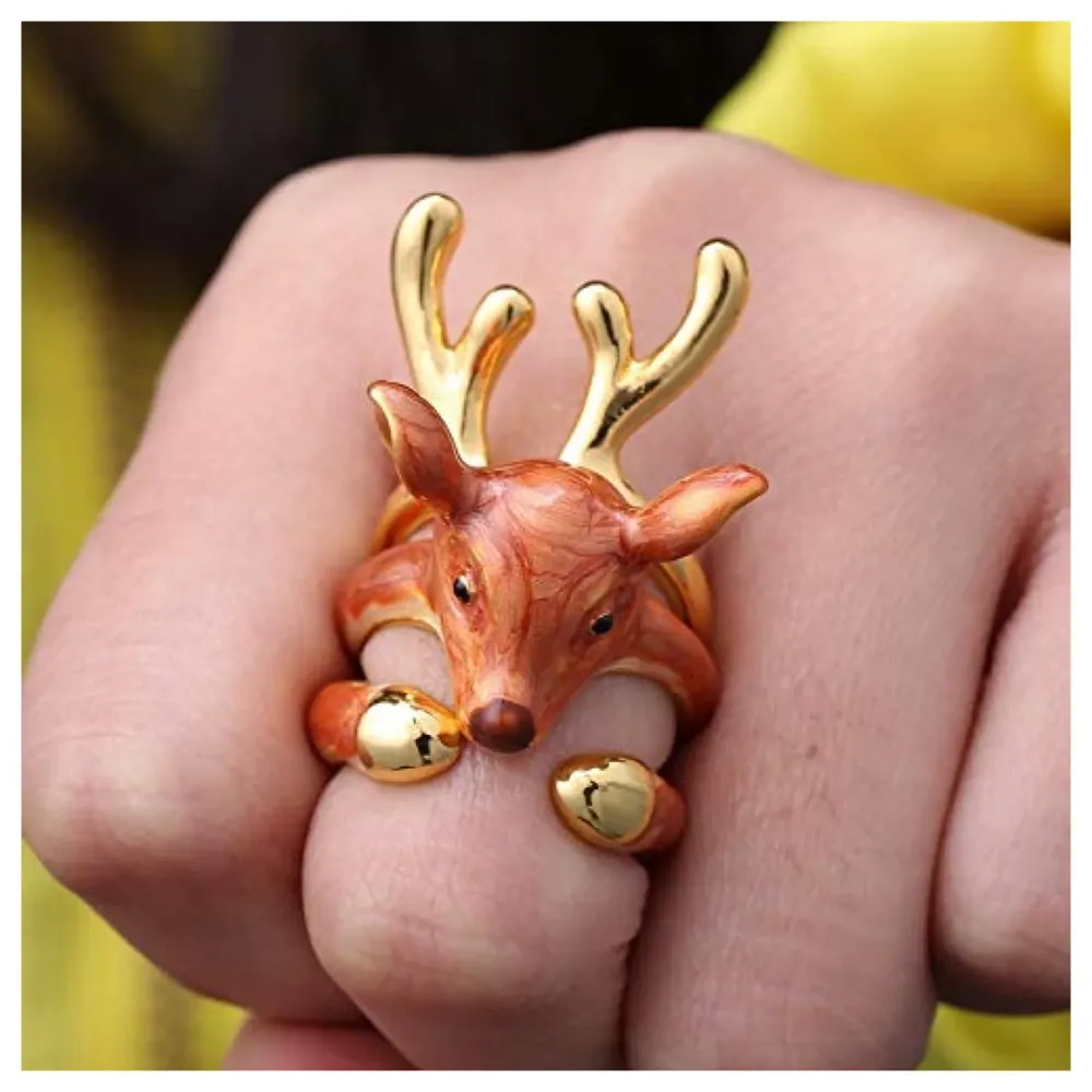 ~ 3 piece ring set ~ animals ring animals jewelry stackable ring trio ring animal gift cutie fashion ~ Adjustable Free Size. (Deer, Free Size) Girls, Metal, Brown Ring - 2