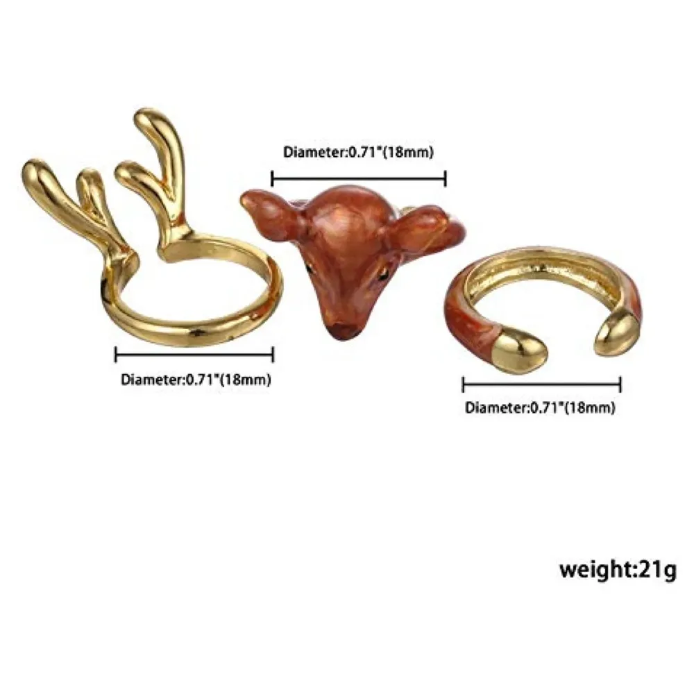 ~ 3 piece ring set ~ animals ring animals jewelry stackable ring trio ring animal gift cutie fashion ~ Adjustable Free Size. (Deer, Free Size) Girls, Metal, Brown Ring - 5