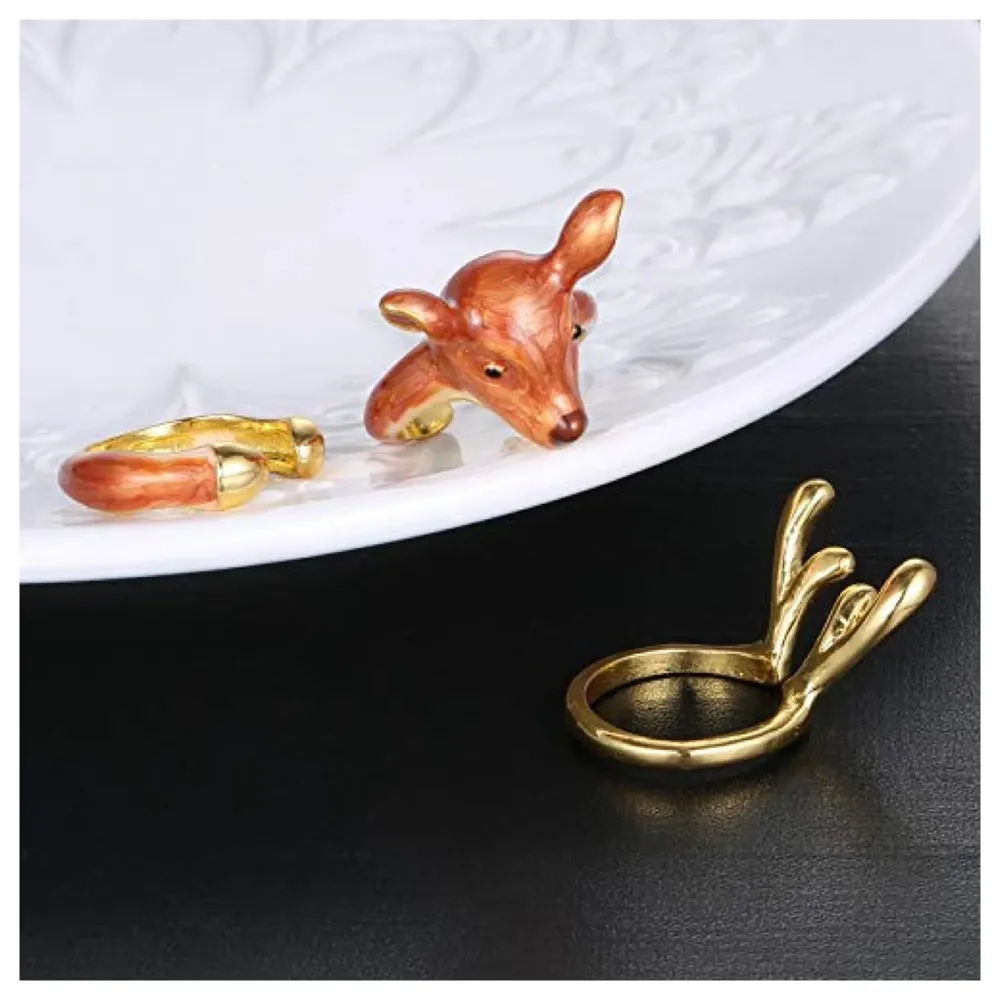 ~ 3 piece ring set ~ animals ring animals jewelry stackable ring trio ring animal gift cutie fashion ~ Adjustable Free Size. (Deer, Free Size) Girls, Metal, Brown Ring - 7
