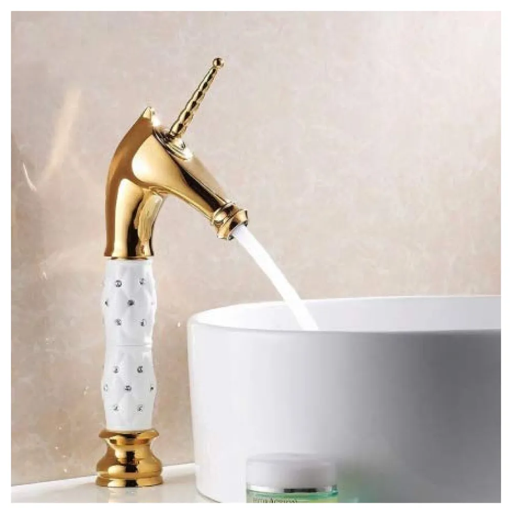 Unicorn Heavy Basin Mixer Tap 2 Braided Pipes 450 mm White Gold