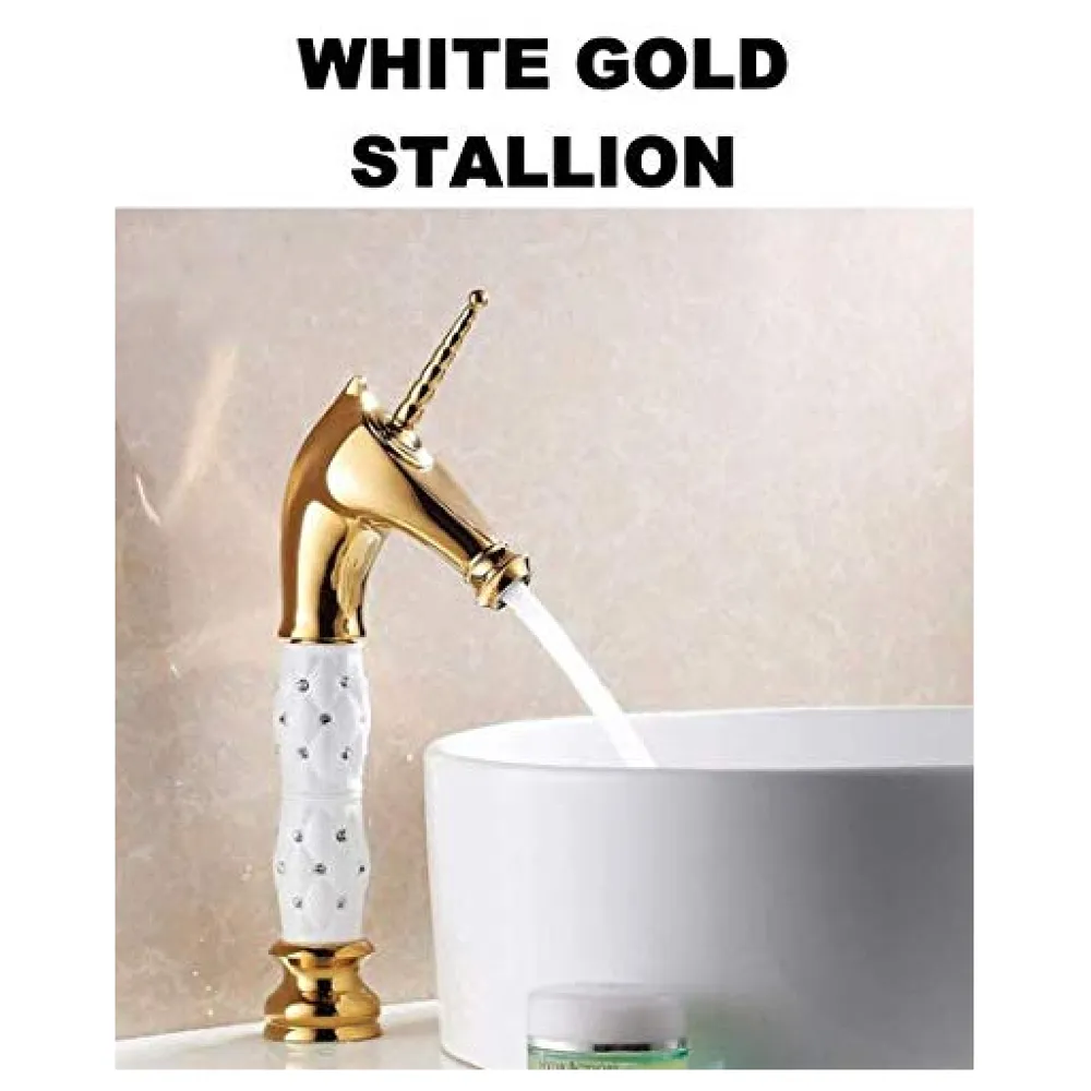 Unicorn Heavy Basin Mixer Tap 2 Braided Pipes 450 mm White Gold