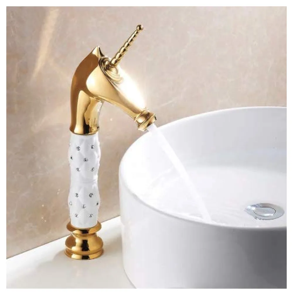 Unicorn Heavy Basin Mixer Tap 2 Braided Pipes 450 mm White Gold