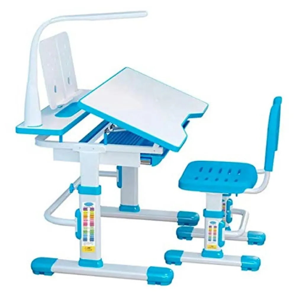 Kids Desk and Chair Set, Height Adjustable Children Study Table Tiltable Anti-Reflective Tabletop, Bookstand, Pull-Out Drawer Storage and Touch Led for School Students (Adjustable, Blue)