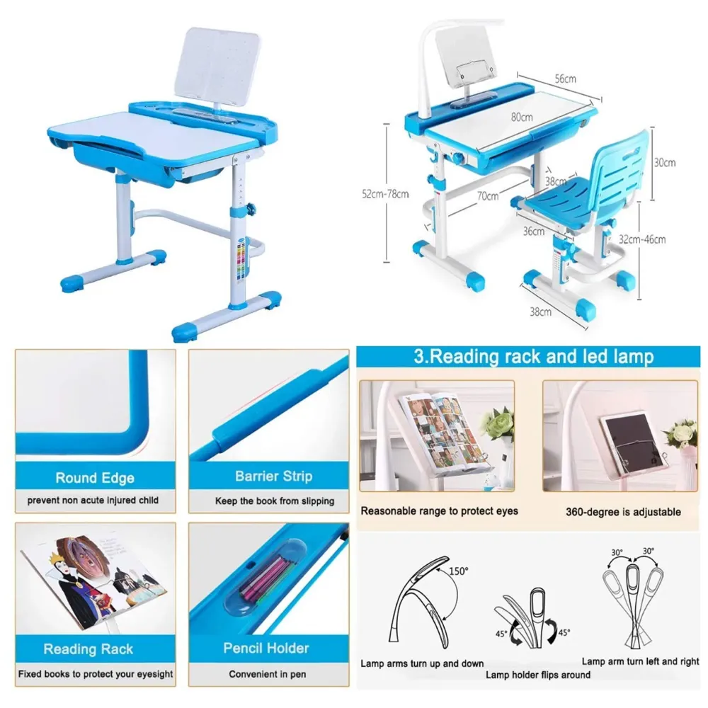 Kids Desk and Chair Set, Height Adjustable Children Study Table Tiltable Anti-Reflective Tabletop, Bookstand, Pull-Out Drawer Storage and Touch Led for School Students (Adjustable, Blue)