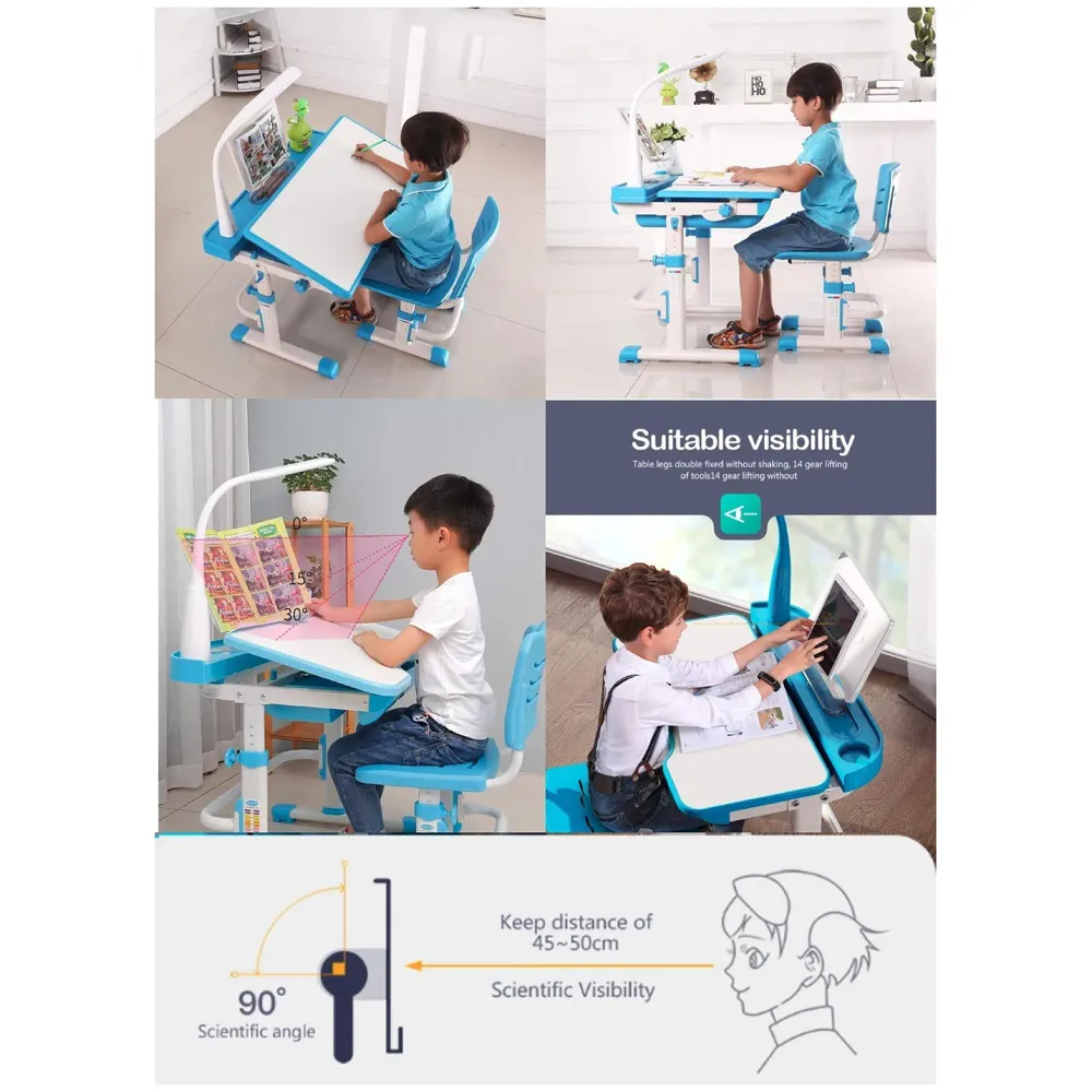 Kids Desk and Chair Set, Height Adjustable Children Study Table Tiltable Anti-Reflective Tabletop, Bookstand, Pull-Out Drawer Storage and Touch Led for School Students (Adjustable, Blue)
