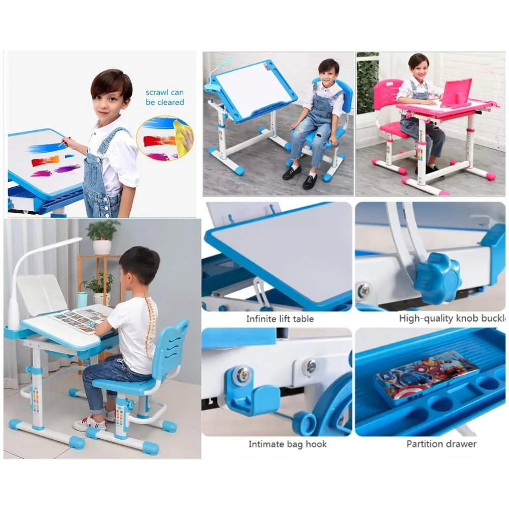 Kids Desk and Chair Set, Height Adjustable Children Study Table Tiltable Anti-Reflective Tabletop, Bookstand, Pull-Out Drawer Storage and Touch Led for School Students (Adjustable, Blue)