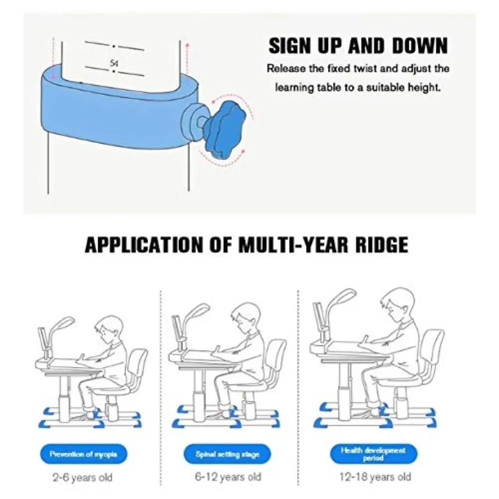 Kids Desk and Chair Set, Height Adjustable Children Study Table Tiltable Anti-Reflective Tabletop, Bookstand, Pull-Out Drawer Storage and Touch Led for School Students (Adjustable, Blue)