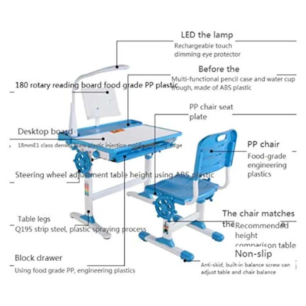 Kids Desk and Chair Set, Height Adjustable Children Study Table Tiltable Anti-Reflective Tabletop, Bookstand, Pull-Out Drawer Storage and Touch Led for School Students (Adjustable, Blue)