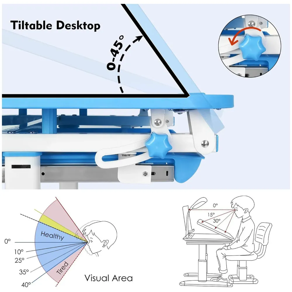 Kids Desk and Chair Set, Height Adjustable Children Study Table Tiltable Anti-Reflective Tabletop, Bookstand, Pull-Out Drawer Storage and Touch Led for School Students (Adjustable, Blue)