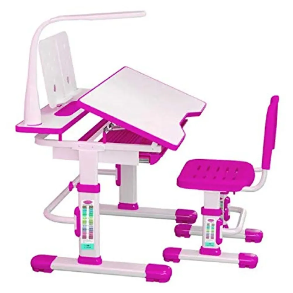 Kids Desk and Chair Set, Height Adjustable Children Study Table Tiltable Anti-Reflective Tabletop, Bookstand, Pull-Out Drawer Storage and Touch Led for School Students (Adjustable, Pink)