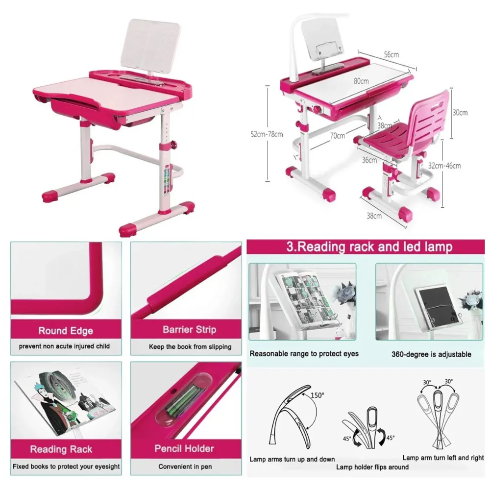 Kids Desk and Chair Set, Height Adjustable Children Study Table Tiltable Anti-Reflective Tabletop, Bookstand, Pull-Out Drawer Storage and Touch Led for School Students (Adjustable, Pink)