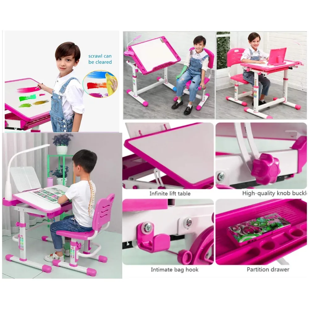 Kids Desk and Chair Set, Height Adjustable Children Study Table Tiltable Anti-Reflective Tabletop, Bookstand, Pull-Out Drawer Storage and Touch Led for School Students (Adjustable, Pink)