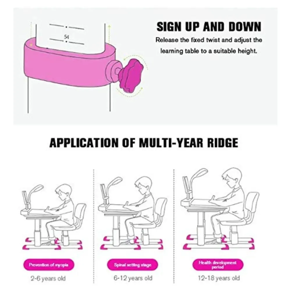 Kids Desk and Chair Set, Height Adjustable Children Study Table Tiltable Anti-Reflective Tabletop, Bookstand, Pull-Out Drawer Storage and Touch Led for School Students (Adjustable, Pink)