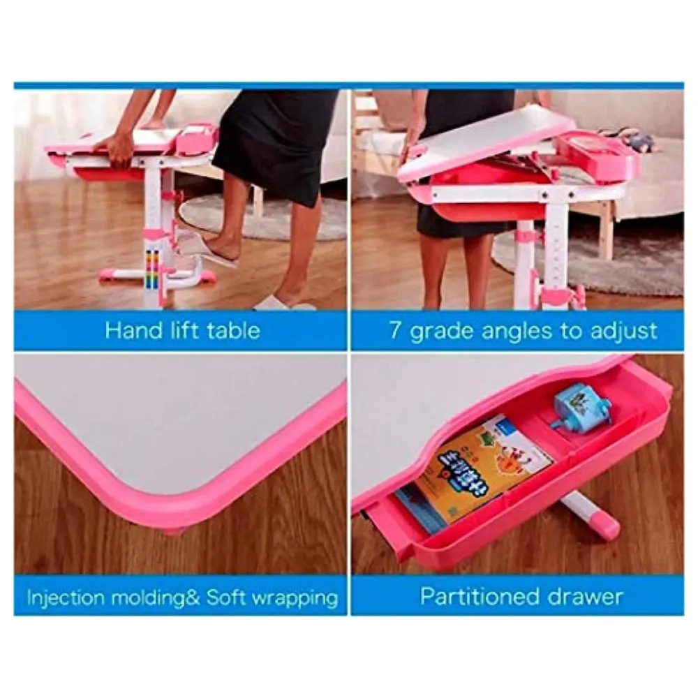 Kids Desk and Chair Set, Height Adjustable Children Study Table Tiltable Anti-Reflective Tabletop, Bookstand, Pull-Out Drawer Storage and Touch Led for School Students (Adjustable, Pink)