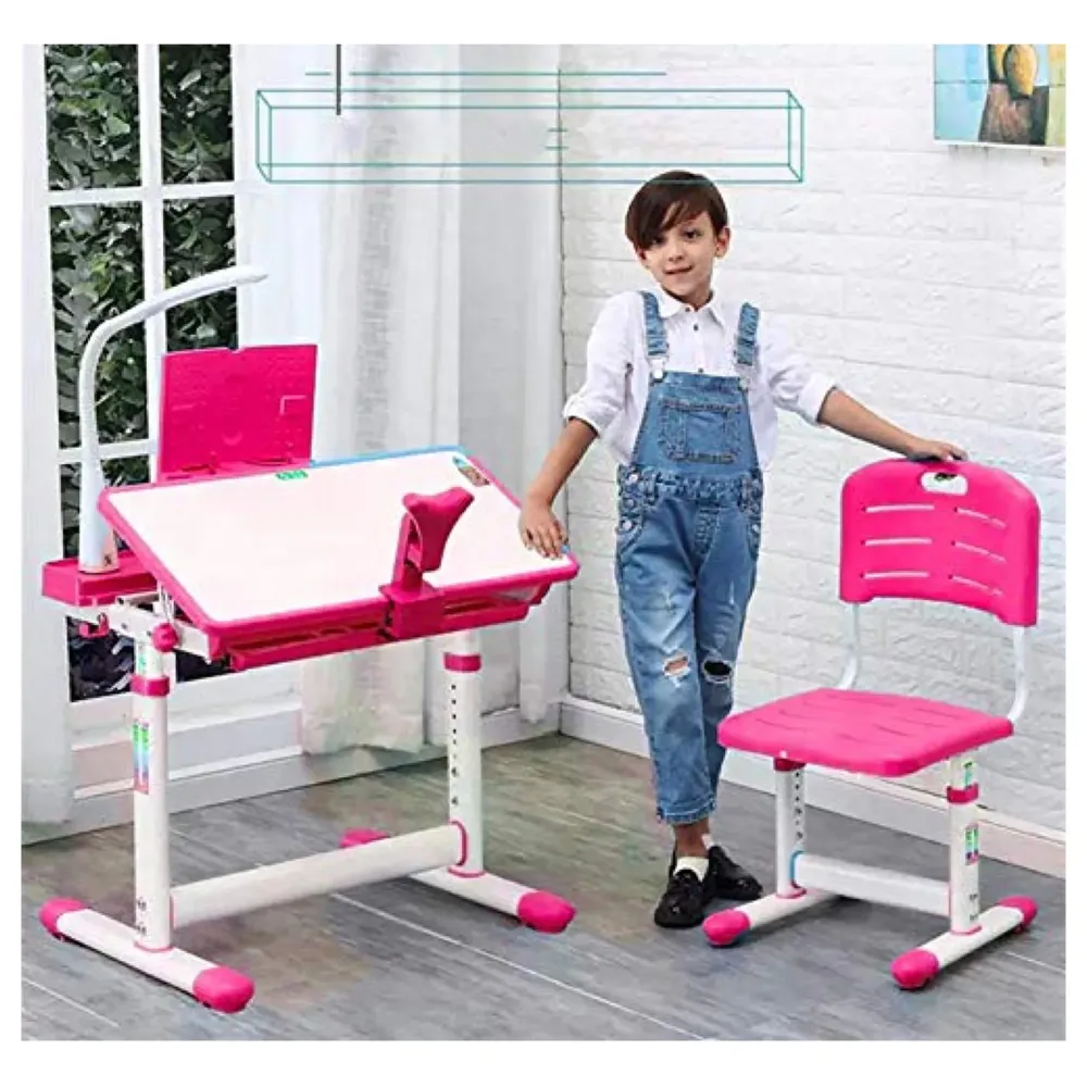 Kids Desk and Chair Set, Height Adjustable Children Study Table Tiltable Anti-Reflective Tabletop, Bookstand, Pull-Out Drawer Storage and Touch Led for School Students (Adjustable, Pink)