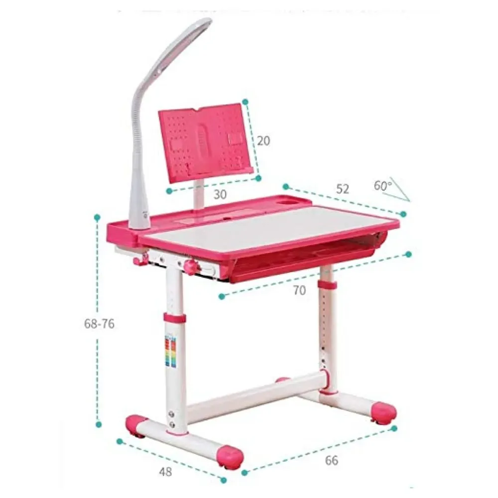Kids Desk and Chair Set, Height Adjustable Children Study Table Tiltable Anti-Reflective Tabletop, Bookstand, Pull-Out Drawer Storage and Touch Led for School Students (Adjustable, Pink)