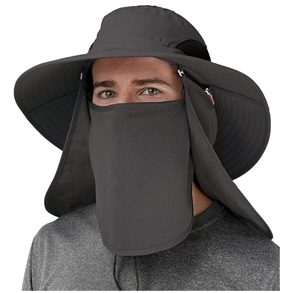 Black Hat Sun Hat Fishing 360°UV Outdoor Sun Protection, Summer Unisex Cap Removable Neck Face Mask Head for Gardening, Beach, Boating, Fishing. Black