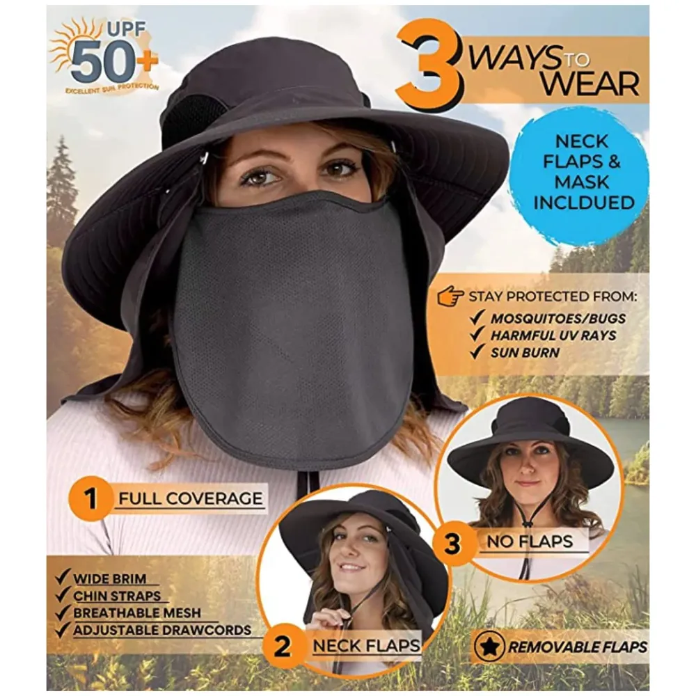 Black Hat Sun Hat Fishing 360°UV Outdoor Sun Protection, Summer Unisex Cap Removable Neck Face Mask Head for Gardening, Beach, Boating, Fishing. Black