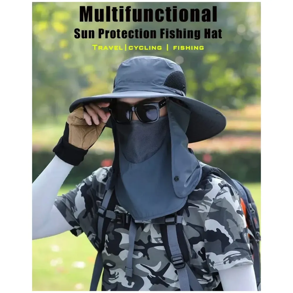 Black Hat Sun Hat Fishing 360°UV Outdoor Sun Protection, Summer Unisex Cap Removable Neck Face Mask Head for Gardening, Beach, Boating, Fishing. Black