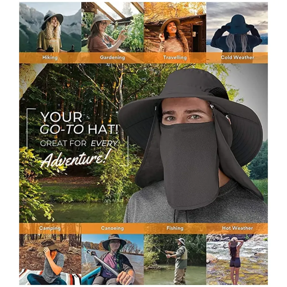Black Hat Sun Hat Fishing 360°UV Outdoor Sun Protection, Summer Unisex Cap Removable Neck Face Mask Head for Gardening, Beach, Boating, Fishing. Black