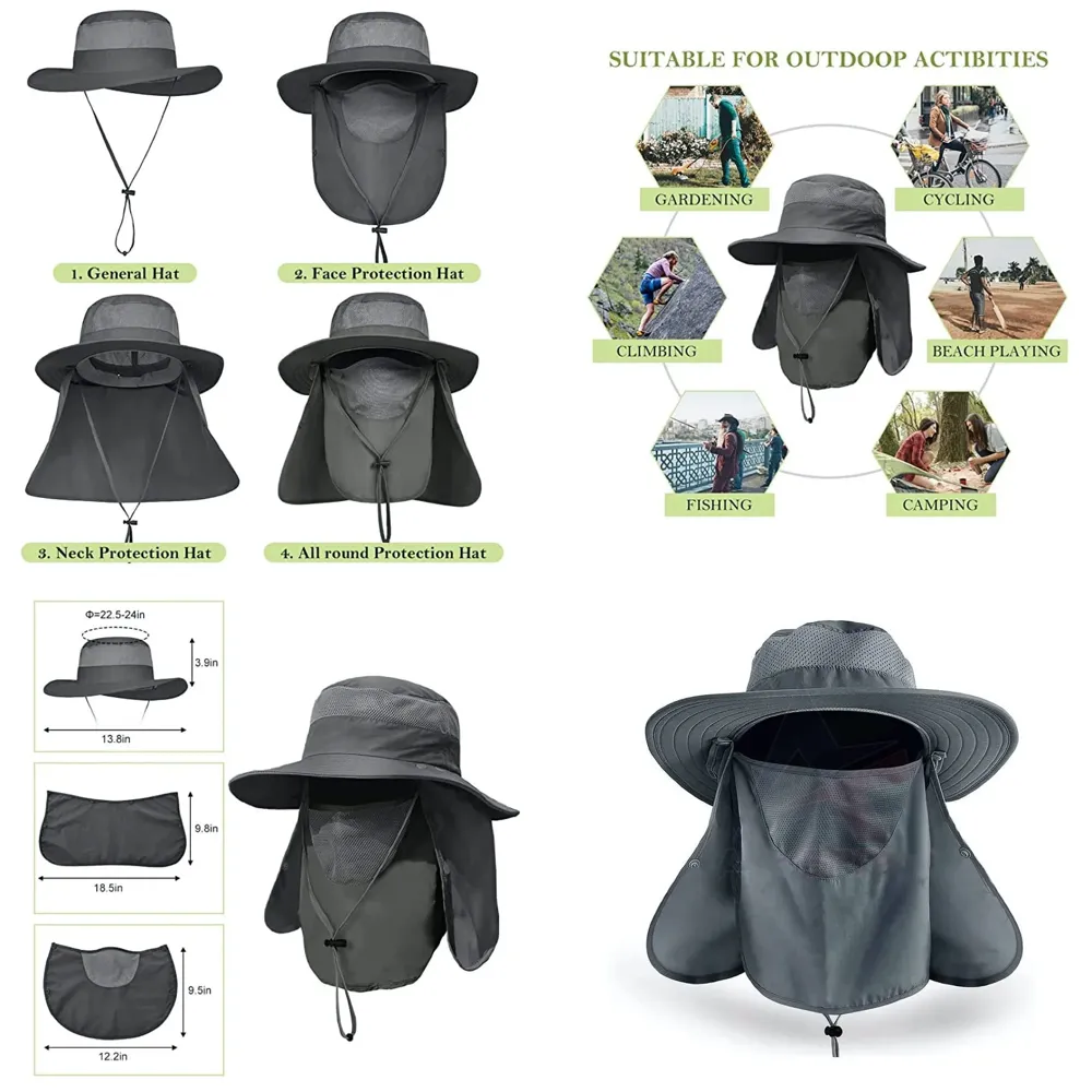 Black Hat Sun Hat Fishing 360°UV Outdoor Sun Protection, Summer Unisex Cap Removable Neck Face Mask Head for Gardening, Beach, Boating, Fishing. Black