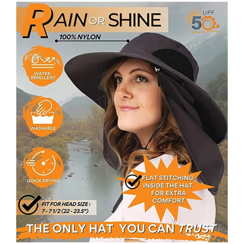 Black Hat Sun Hat Fishing 360°UV Outdoor Sun Protection, Summer Unisex Cap Removable Neck Face Mask Head for Gardening, Beach, Boating, Fishing. Black