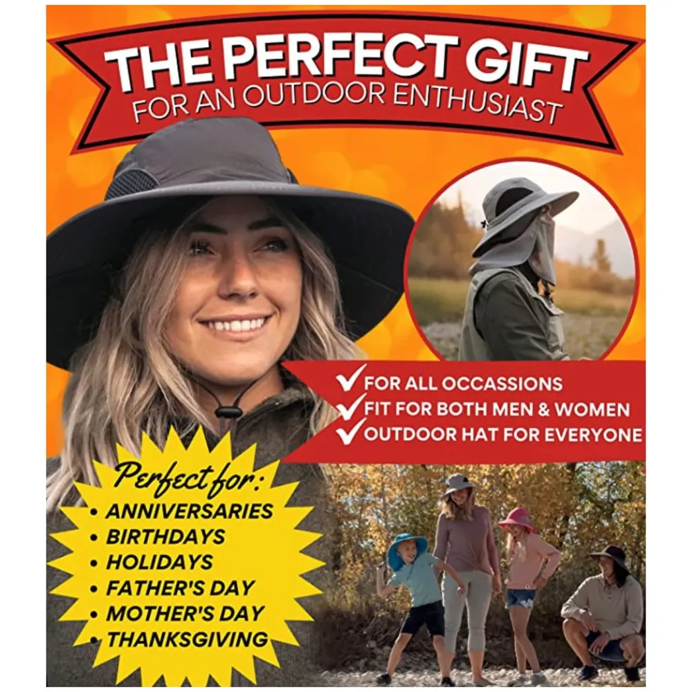 Black Hat Sun Hat Fishing 360°UV Outdoor Sun Protection, Summer Unisex Cap Removable Neck Face Mask Head for Gardening, Beach, Boating, Fishing. Black