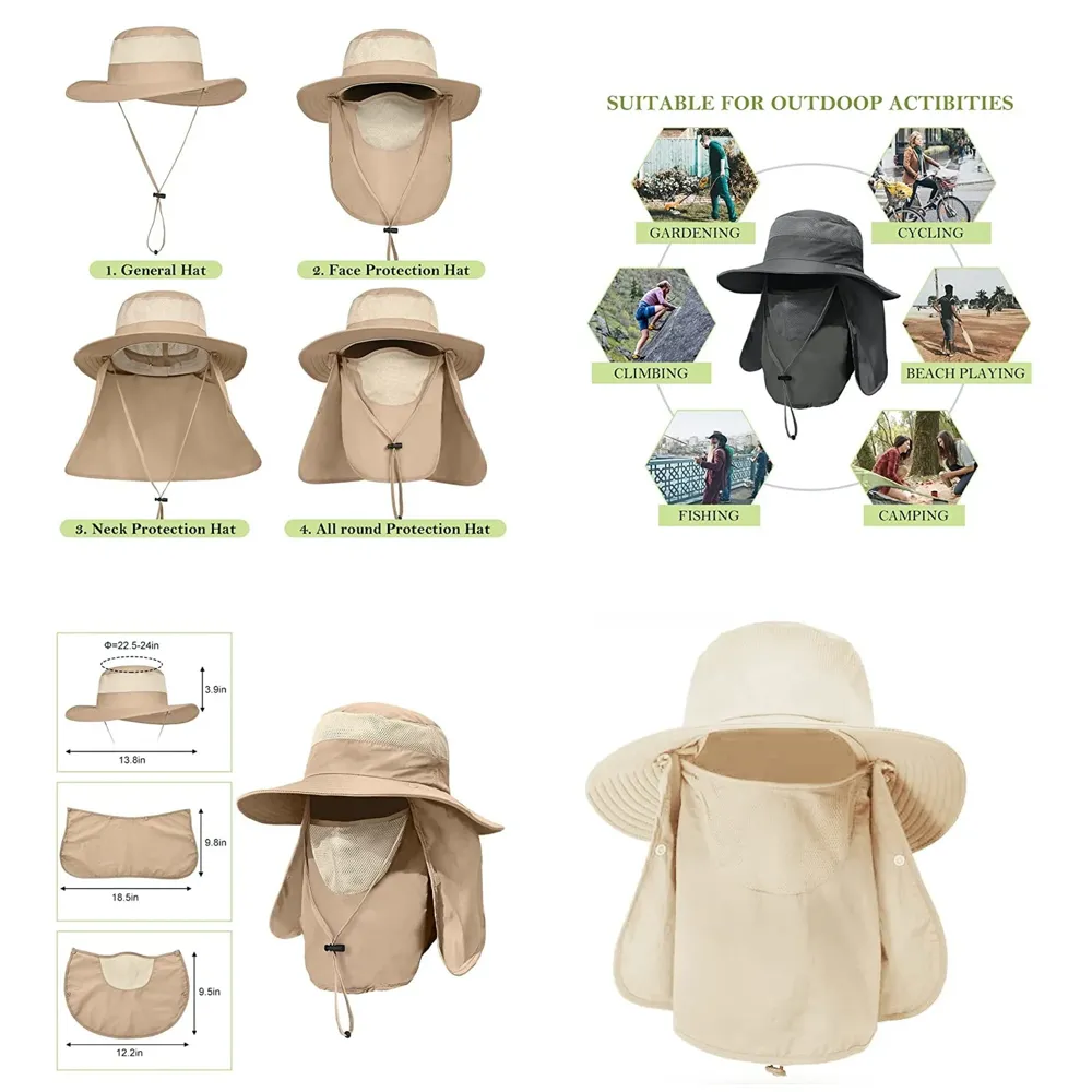 Fishing Hat, Sun Hat, 360°UV Outdoor Sun Protection, Summer Unisex Cap Removable Neck Face Mask Head for Gardening, Beach, Boating, Fishing. Beige