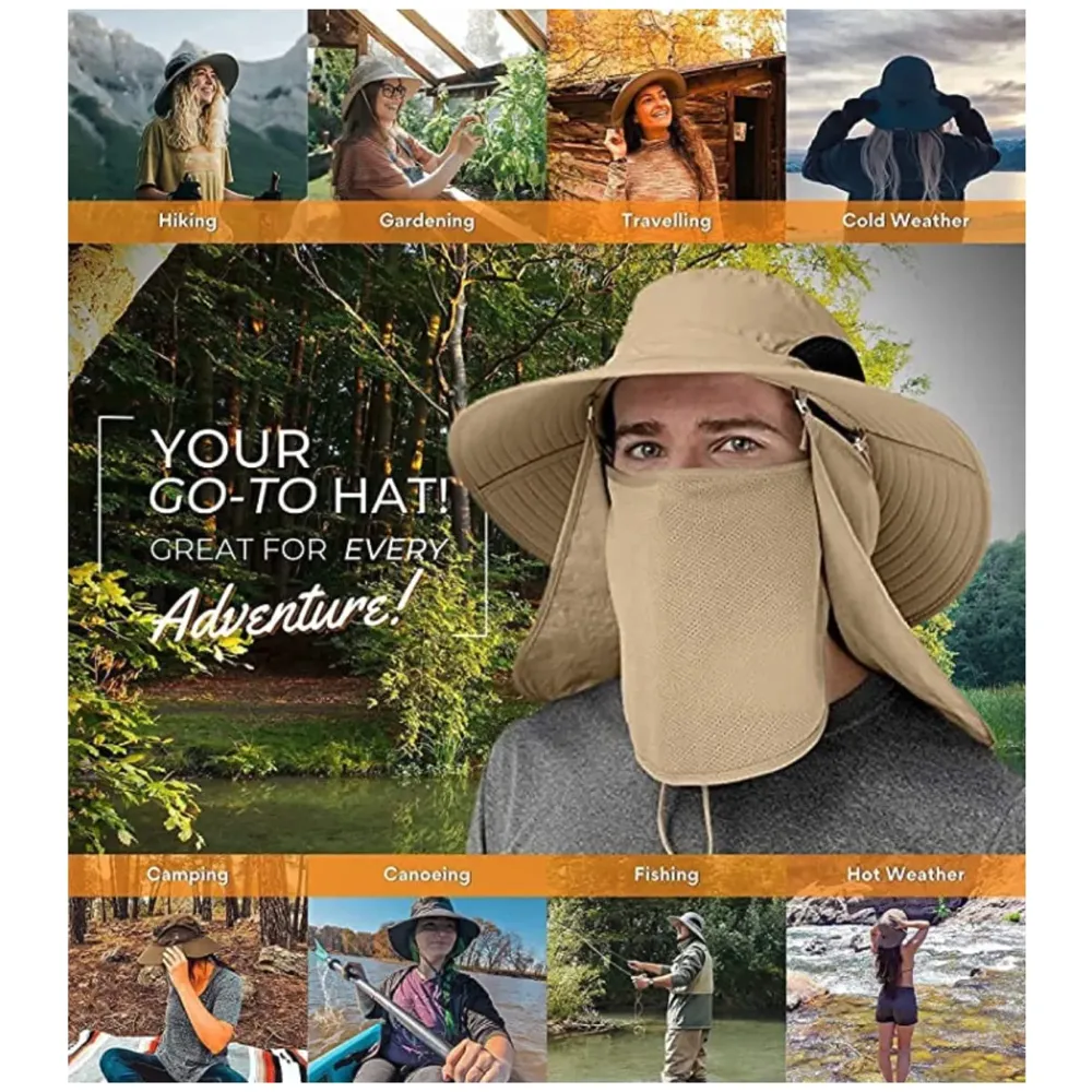 Fishing Hat, Sun Hat, 360°UV Outdoor Sun Protection, Summer Unisex Cap Removable Neck Face Mask Head for Gardening, Beach, Boating, Fishing. Beige