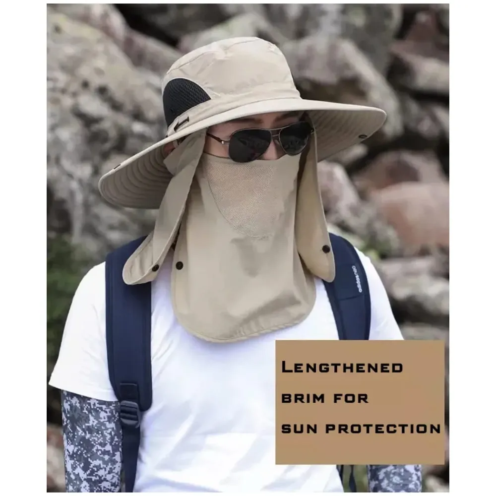 Fishing Hat, Sun Hat, 360°UV Outdoor Sun Protection, Summer Unisex Cap Removable Neck Face Mask Head for Gardening, Beach, Boating, Fishing. Beige