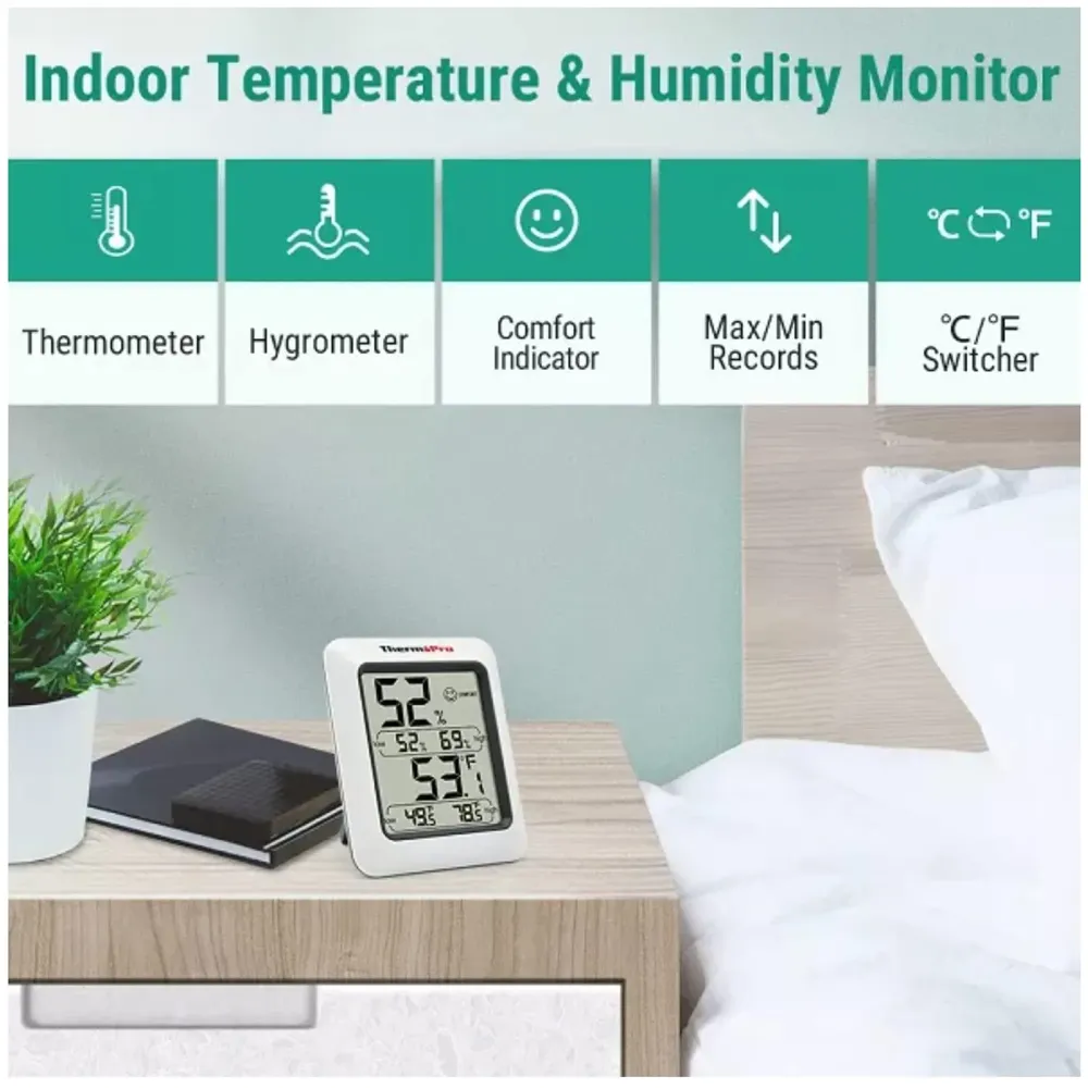 Thermopro TP50 Digital Hygrometer Indoor Thermometer Humidity Meter Room Thermometer with Temperature and Humidity Monitor Mini Hygrometer Thermometer White