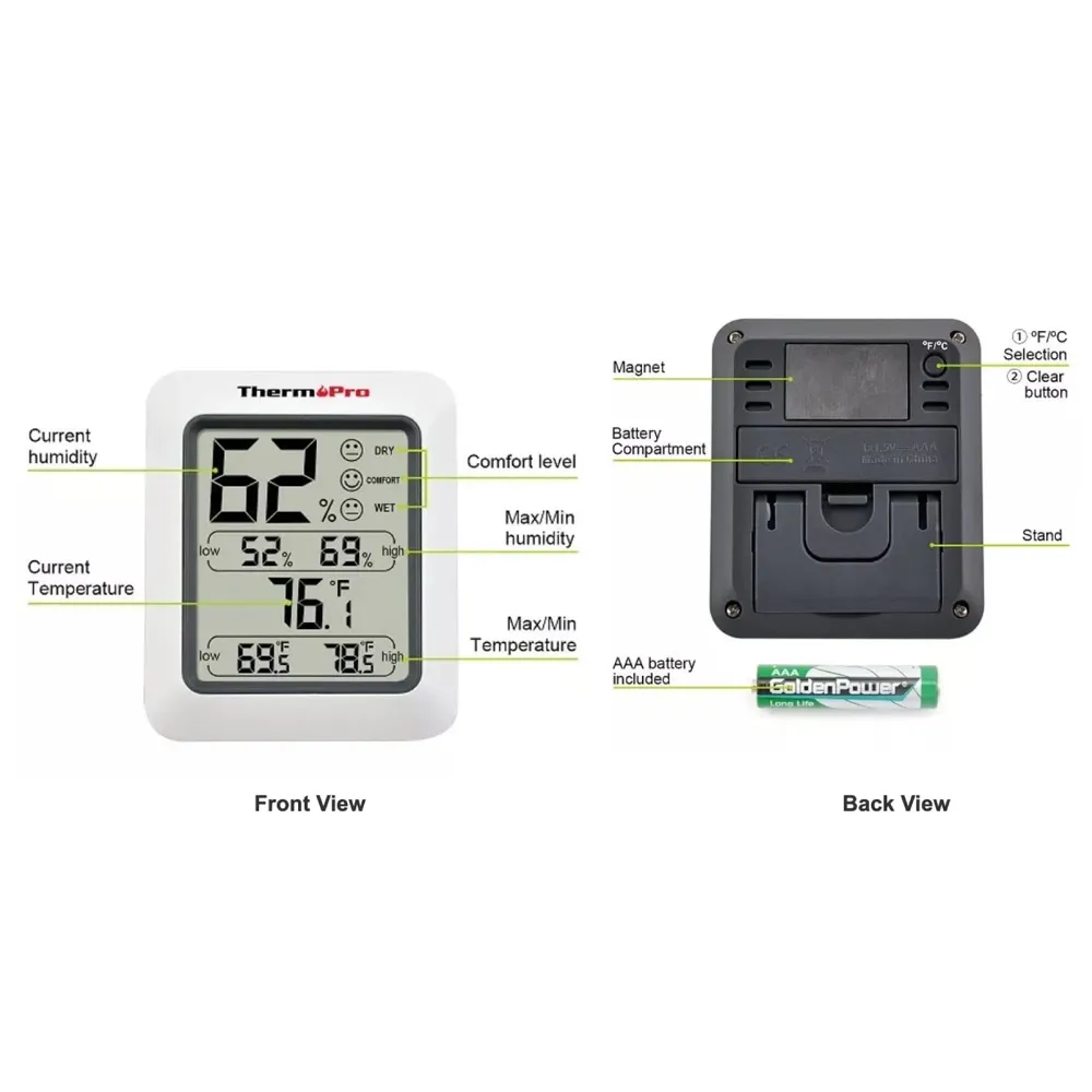 Thermopro TP50 Digital Hygrometer Indoor Thermometer Humidity Meter Room Thermometer with Temperature and Humidity Monitor Mini Hygrometer Thermometer White