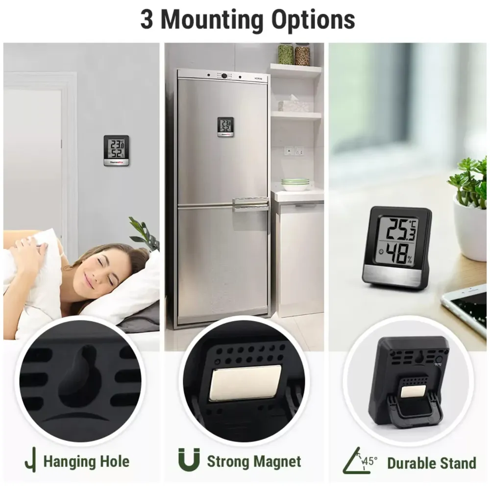 TP49 Digital Hygrometer Indoor Thermometer Humidity Meter Room Thermometer with Temperature and Humidity Monitor Mini Hygrometer Thermometer Black