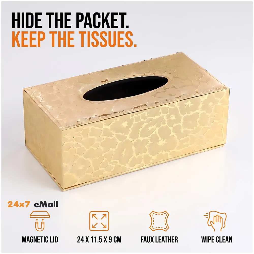 Gold Faux Leather Tissue Box – Stylish, Durable, and Magnetic Tissue Box Holder for Home, Office, Car, Bedroom, Bathroom, and Dining Room, – 24 cm x 11.5cm x 9cm