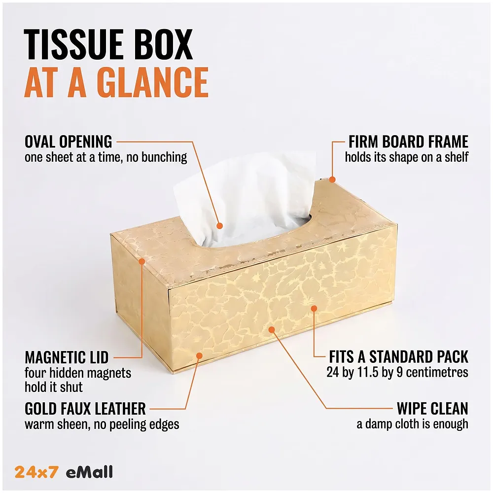 Gold Faux Leather Tissue Box – Stylish, Durable, and Magnetic Tissue Box Holder for Home, Office, Car, Bedroom, Bathroom, and Dining Room, – 24 cm x 11.5cm x 9cm