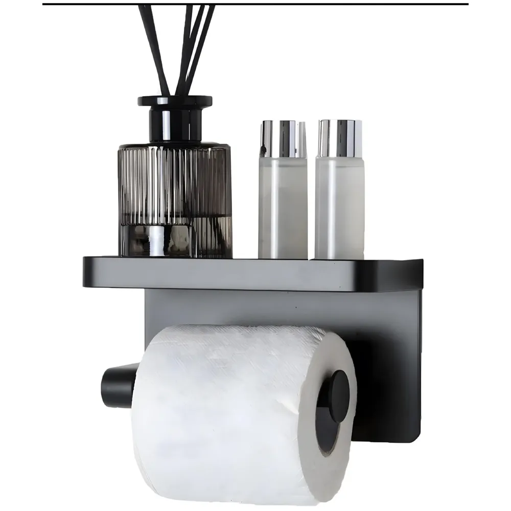 Black Toilet Paper Roll Holder with Shelf SS Material with Phone Holder Or Decorations for Bathrooms and Toilets 17.5cm X 8cm