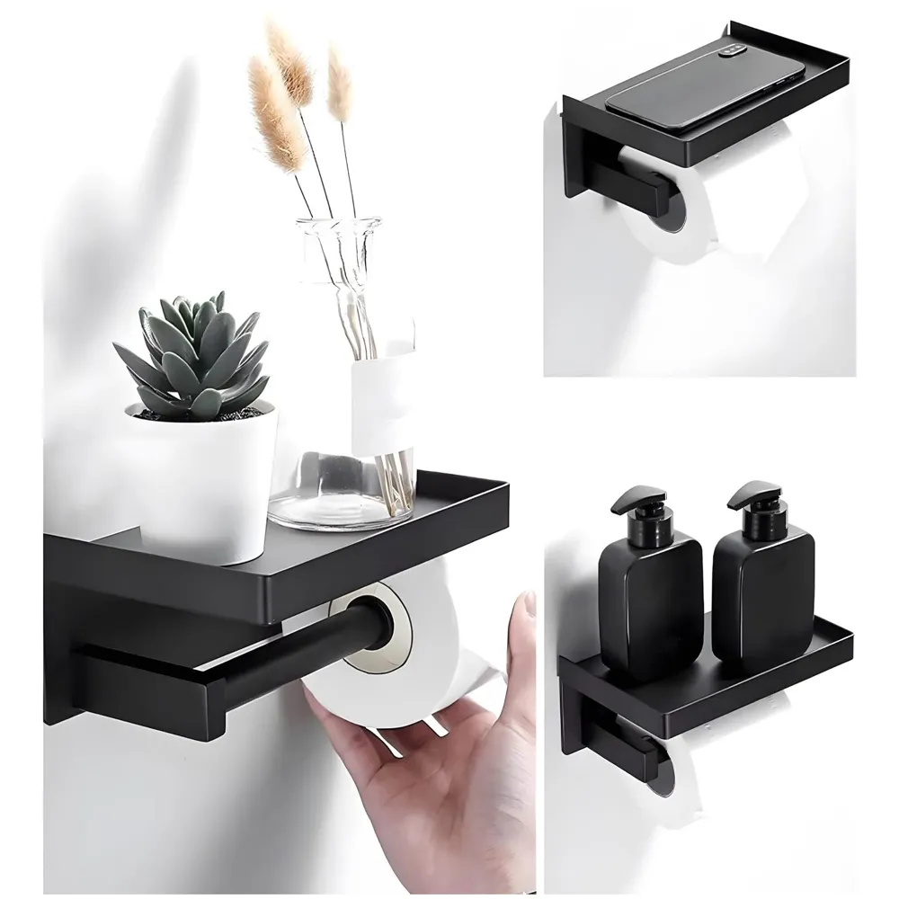 Black Toilet Paper Roll Holder with Shelf SS Material with Phone Holder Or Decorations for Bathrooms and Toilets 17.5cm X 8cm