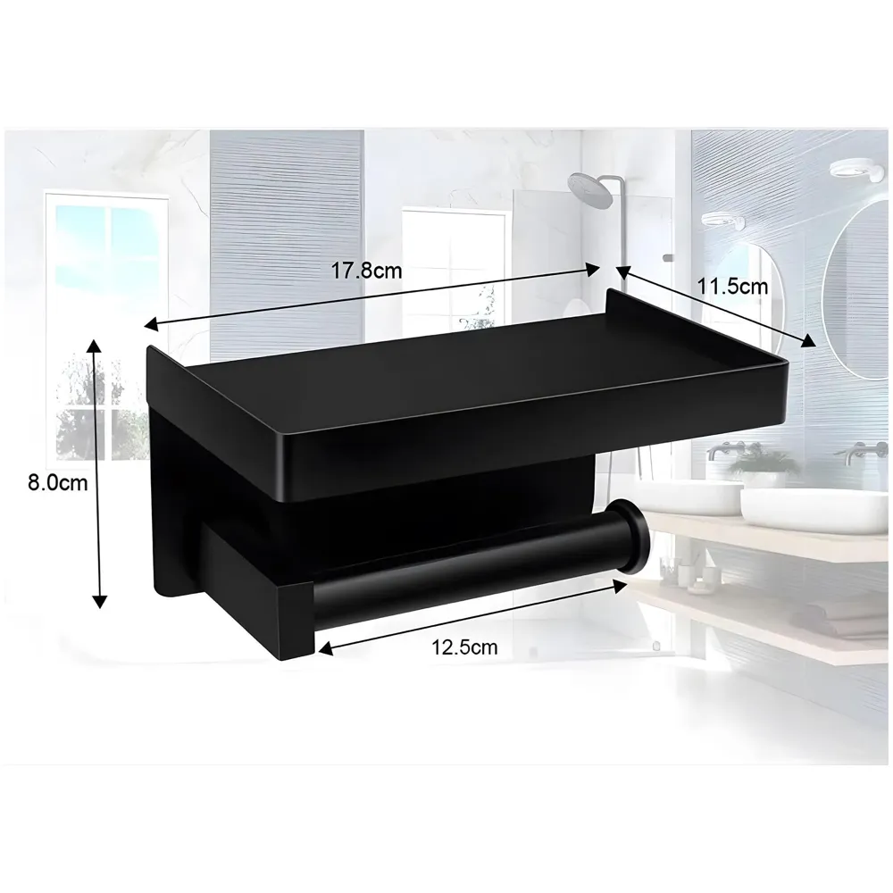 Black Toilet Paper Roll Holder with Shelf SS Material with Phone Holder Or Decorations for Bathrooms and Toilets 17.5cm X 8cm