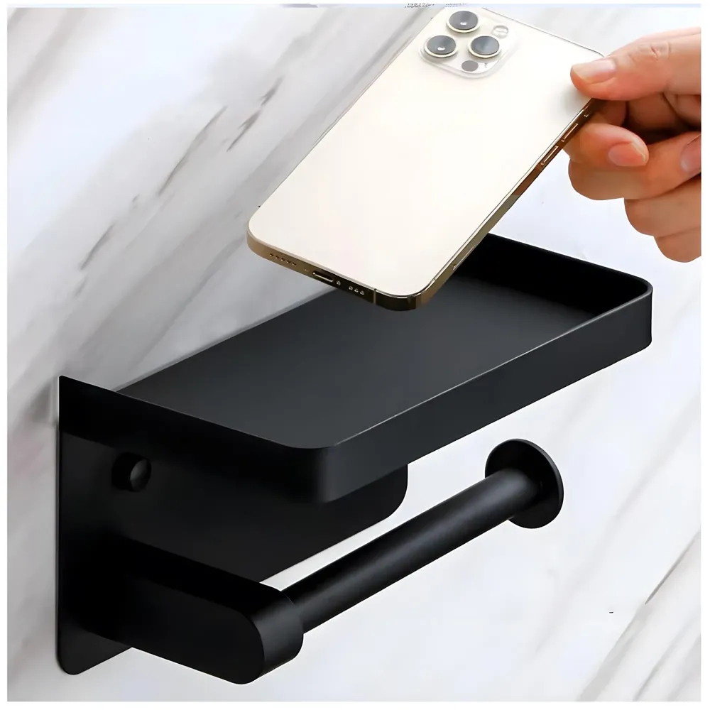 Black Toilet Paper Roll Holder with Shelf SS Material with Phone Holder Or Decorations for Bathrooms and Toilets 17.5cm X 8cm