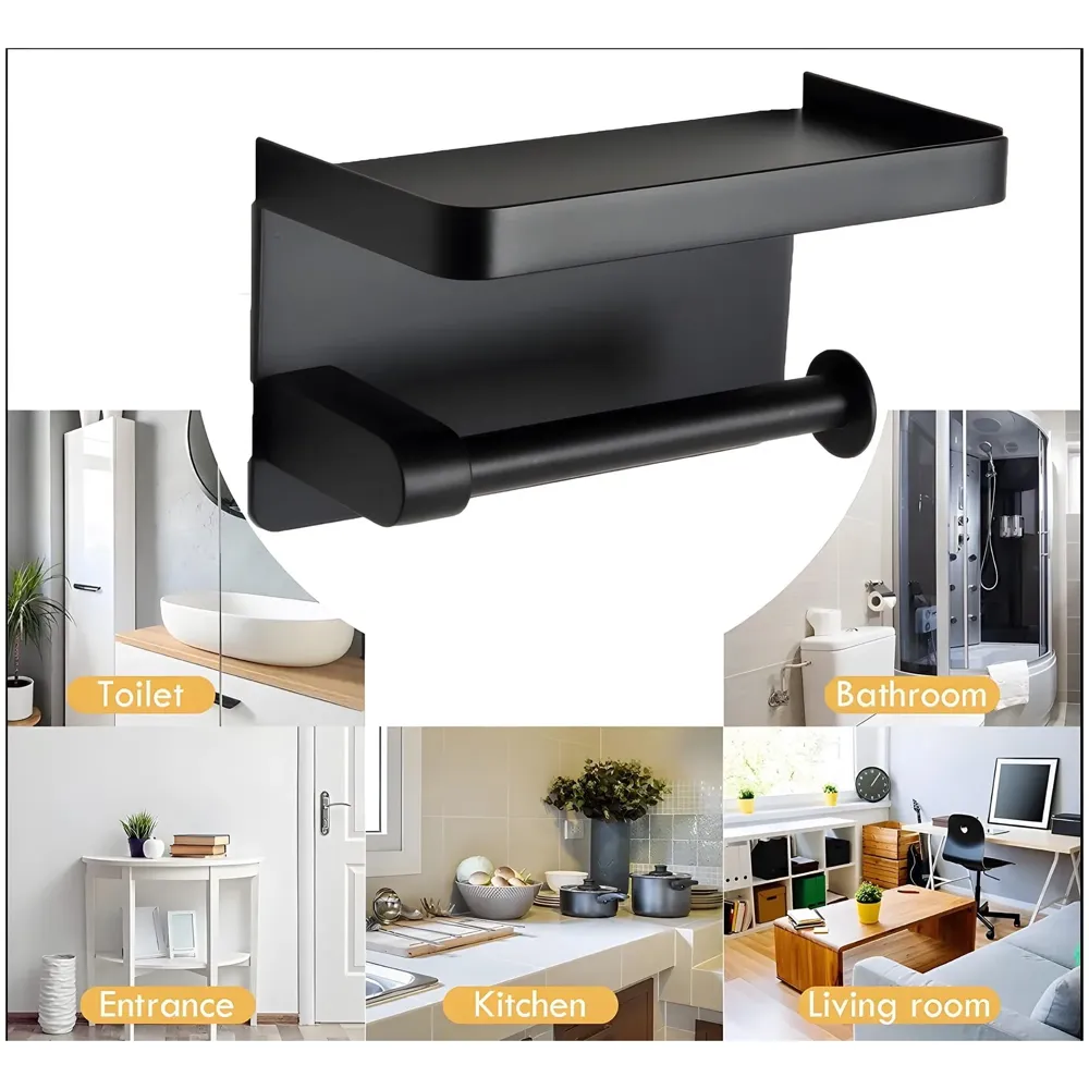 Black Toilet Paper Roll Holder with Shelf SS Material with Phone Holder Or Decorations for Bathrooms and Toilets 17.5cm X 8cm