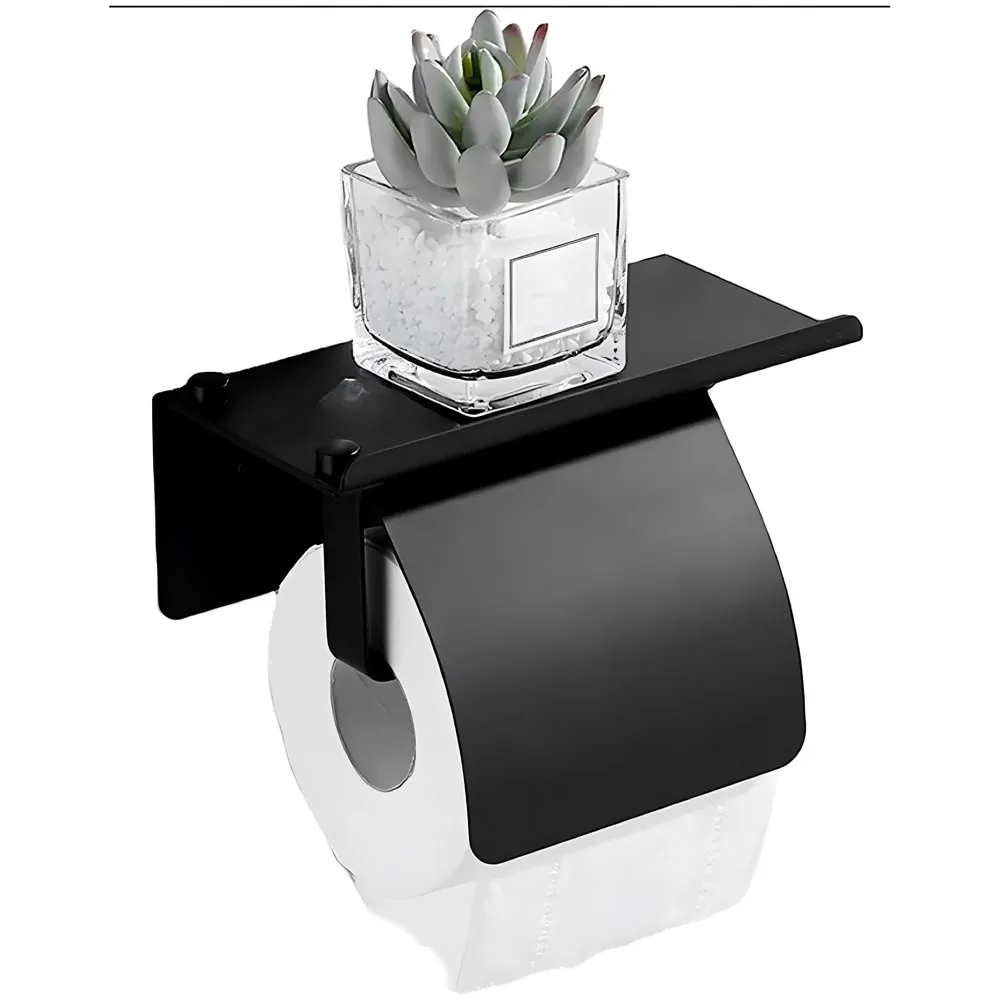 AQUAKART Black Toilet Paper Roll Holder with Shelf and Cover SS Material with Phone Holder Or Decorations for Bathrooms and Toilets 18cm X 7.2cm