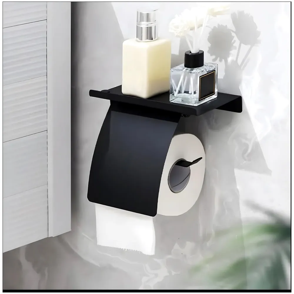 AQUAKART Black Toilet Paper Roll Holder with Shelf and Cover SS Material with Phone Holder Or Decorations for Bathrooms and Toilets 18cm X 7.2cm - 3