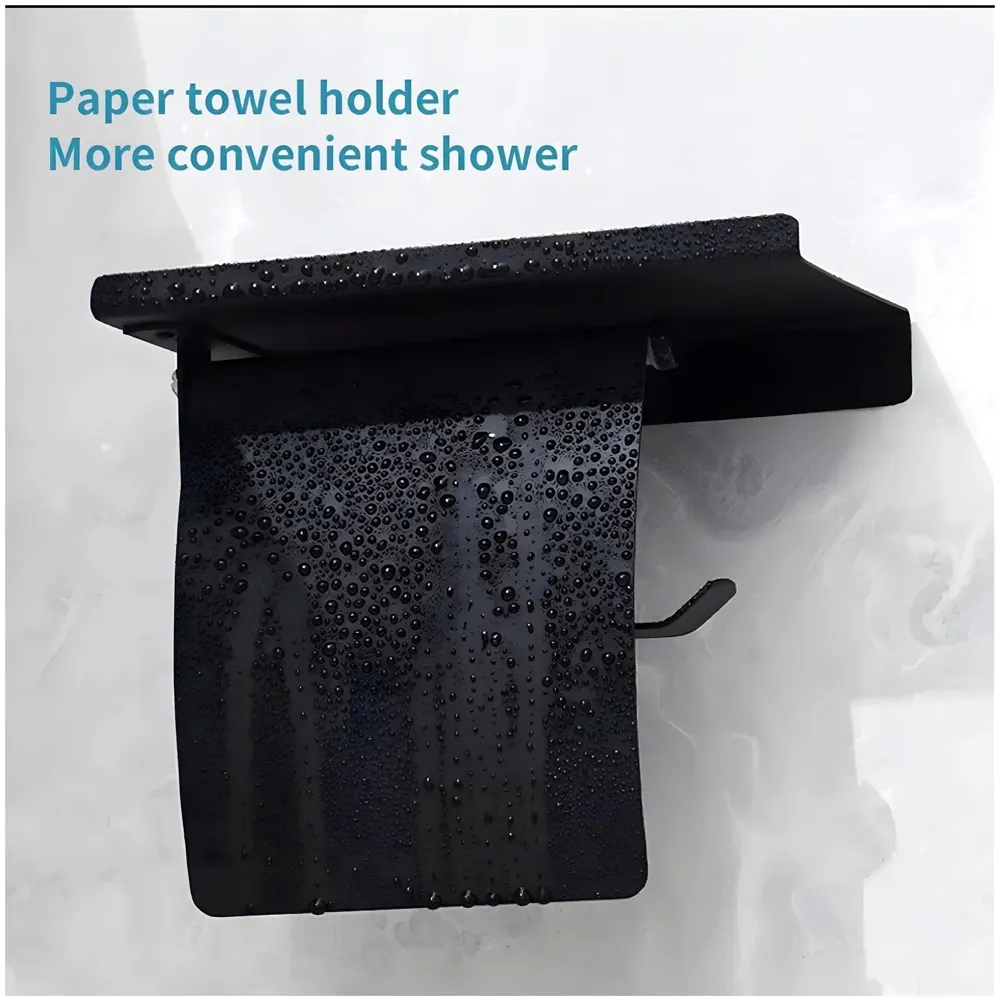 AQUAKART Black Toilet Paper Roll Holder with Shelf and Cover SS Material with Phone Holder Or Decorations for Bathrooms and Toilets 18cm X 7.2cm - 5