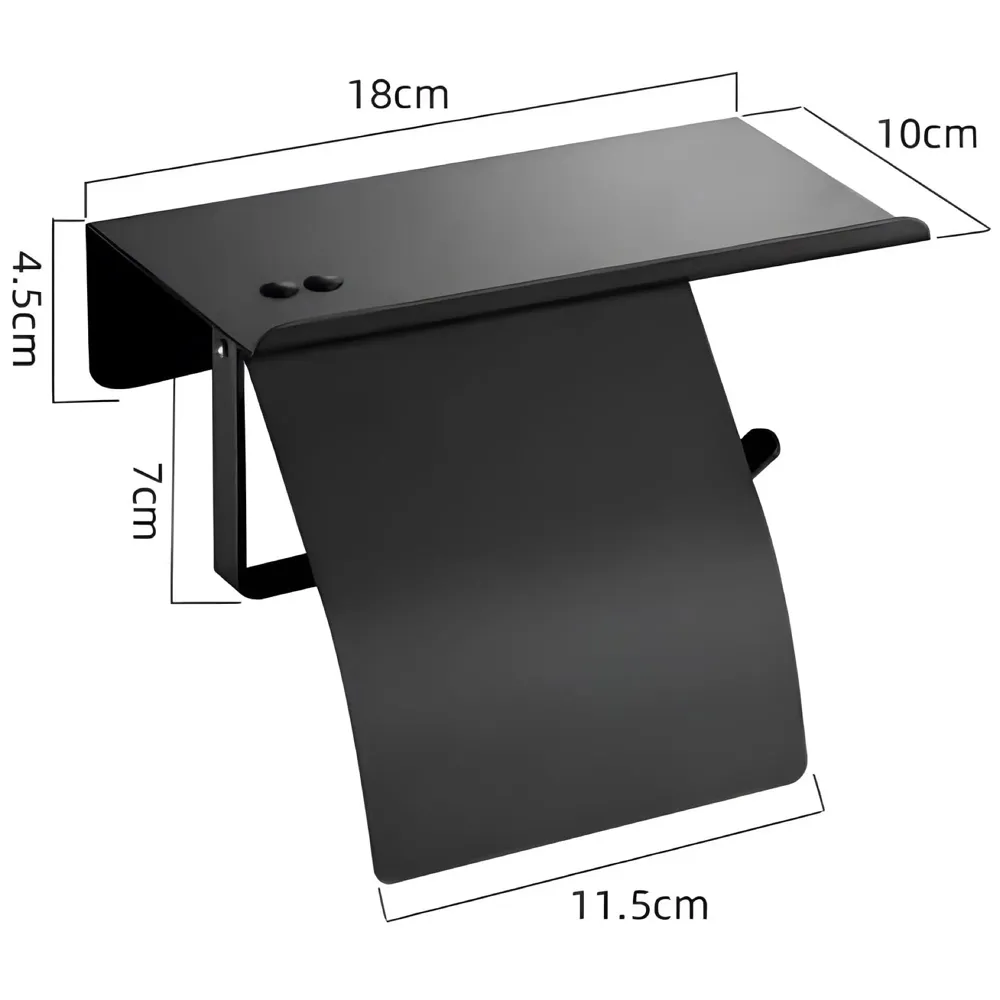 AQUAKART Black Toilet Paper Roll Holder with Shelf and Cover SS Material with Phone Holder Or Decorations for Bathrooms and Toilets 18cm X 7.2cm - 8