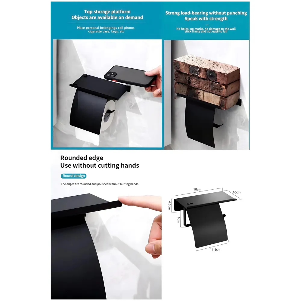 Black Toilet Paper Roll Holder with Shelf and Cover SS Material with Phone Holder Or Decorations for Bathrooms and Toilets 18cm X 7.2cm
